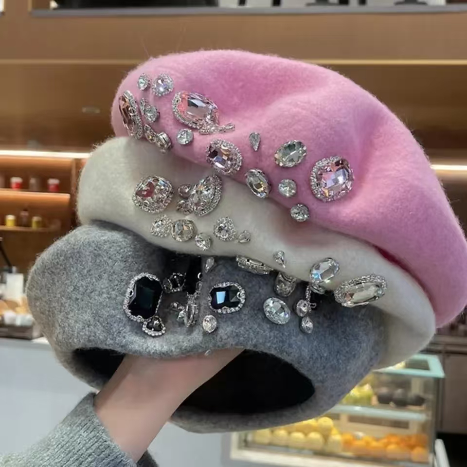 Beret French Wool - Boina francesa grossa strass decoração sem